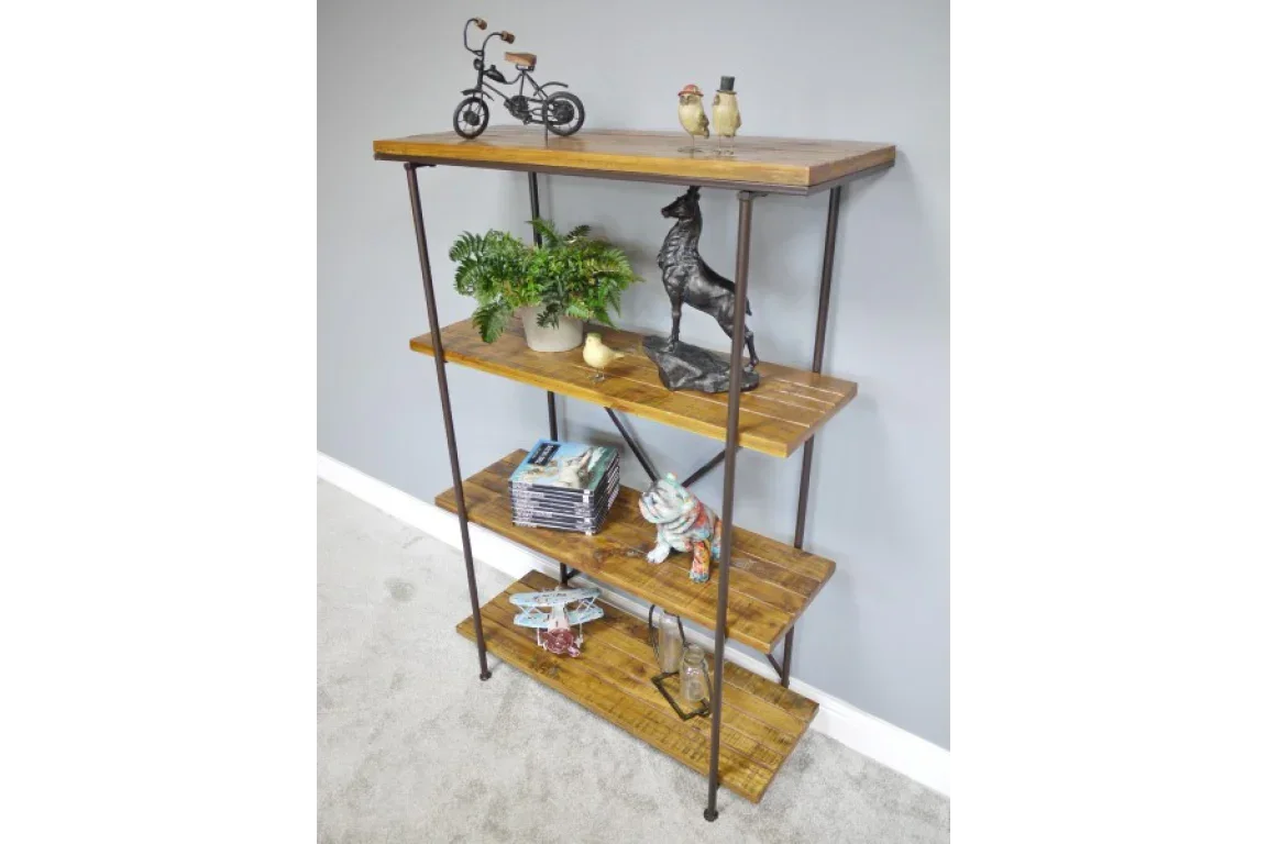 Industrial wood and metal shelving unit with décor and books against grey wall
