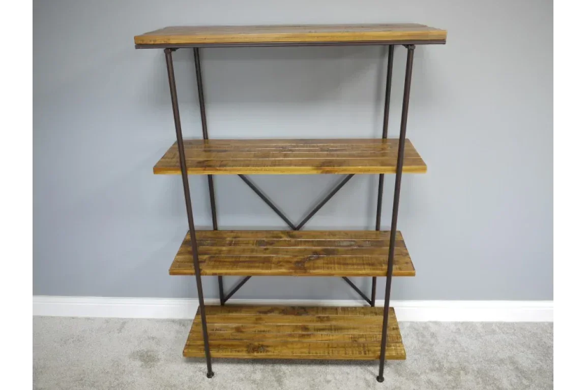 Industrial style wooden shelving unit with four shelves and metal frame against grey wall