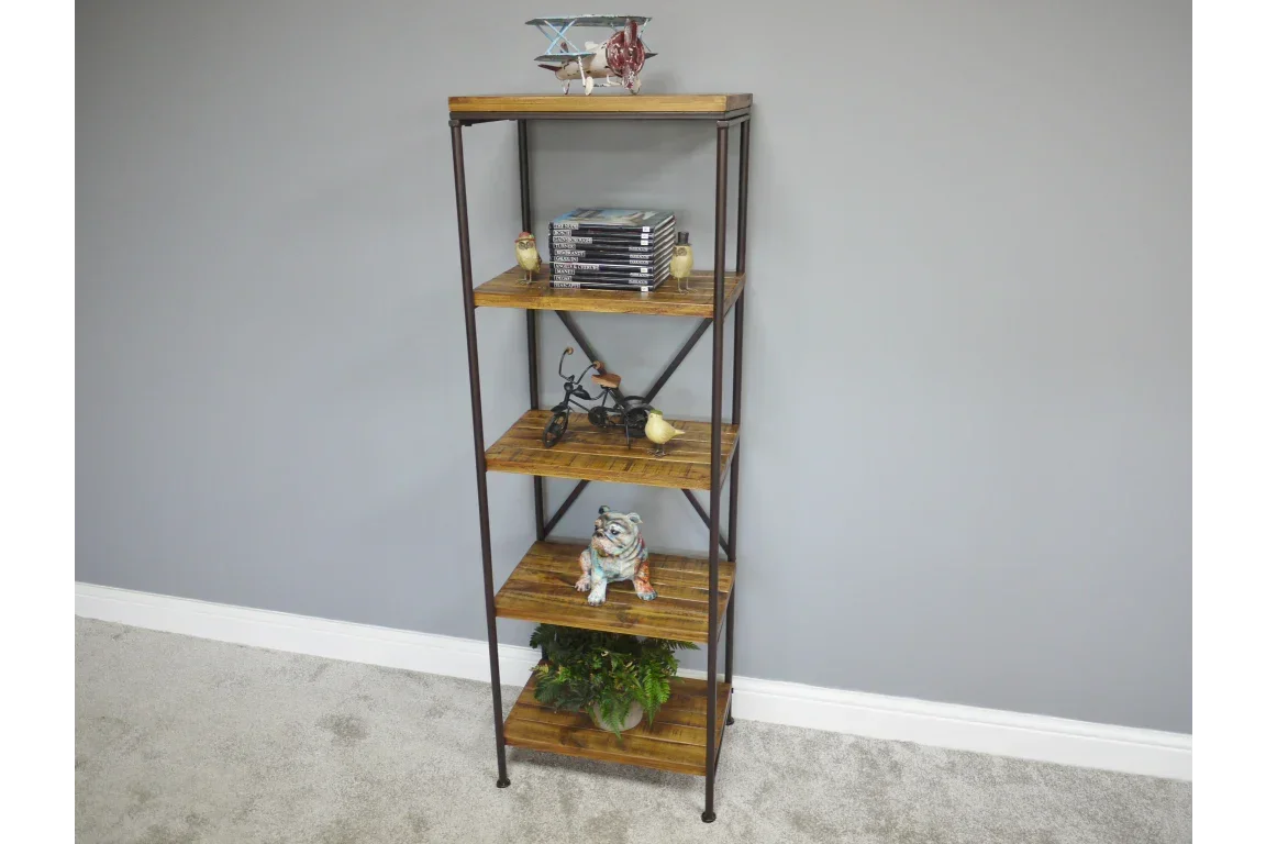 Tall industrial shelving unit with wood shelves and metal frame against grey wall