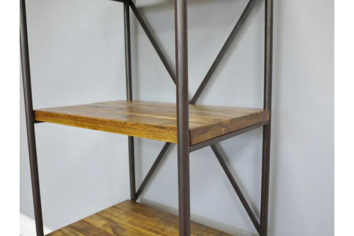 Industrial shelving unit with brown metal frame and wooden shelves against light wall