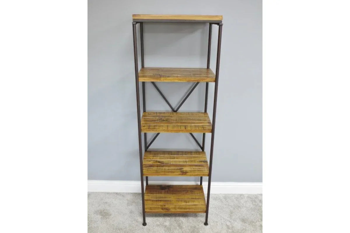 Tall industrial bookcase with four wooden shelves and black metal frame against grey wall