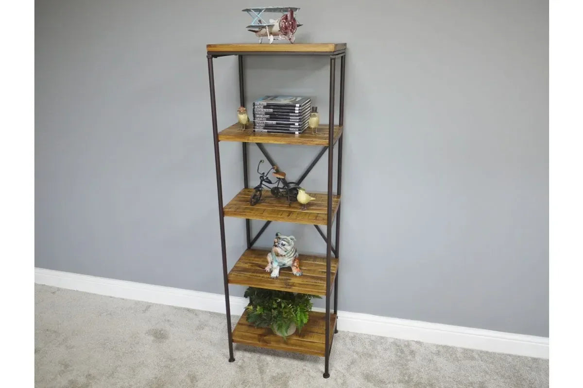 Tall industrial bookcase with metal frame and five wooden shelves, decorated in modern room