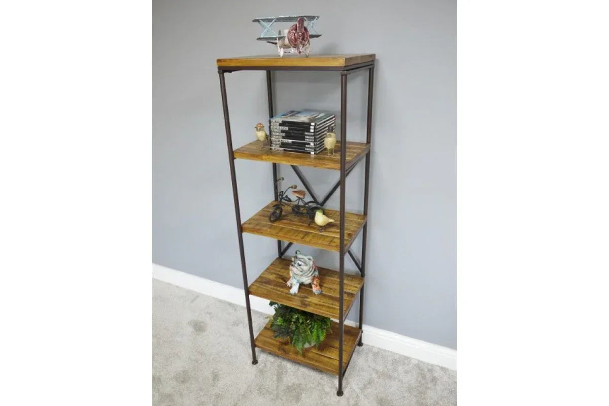 Tall industrial bookcase with wooden shelves and black metal frame against grey wall