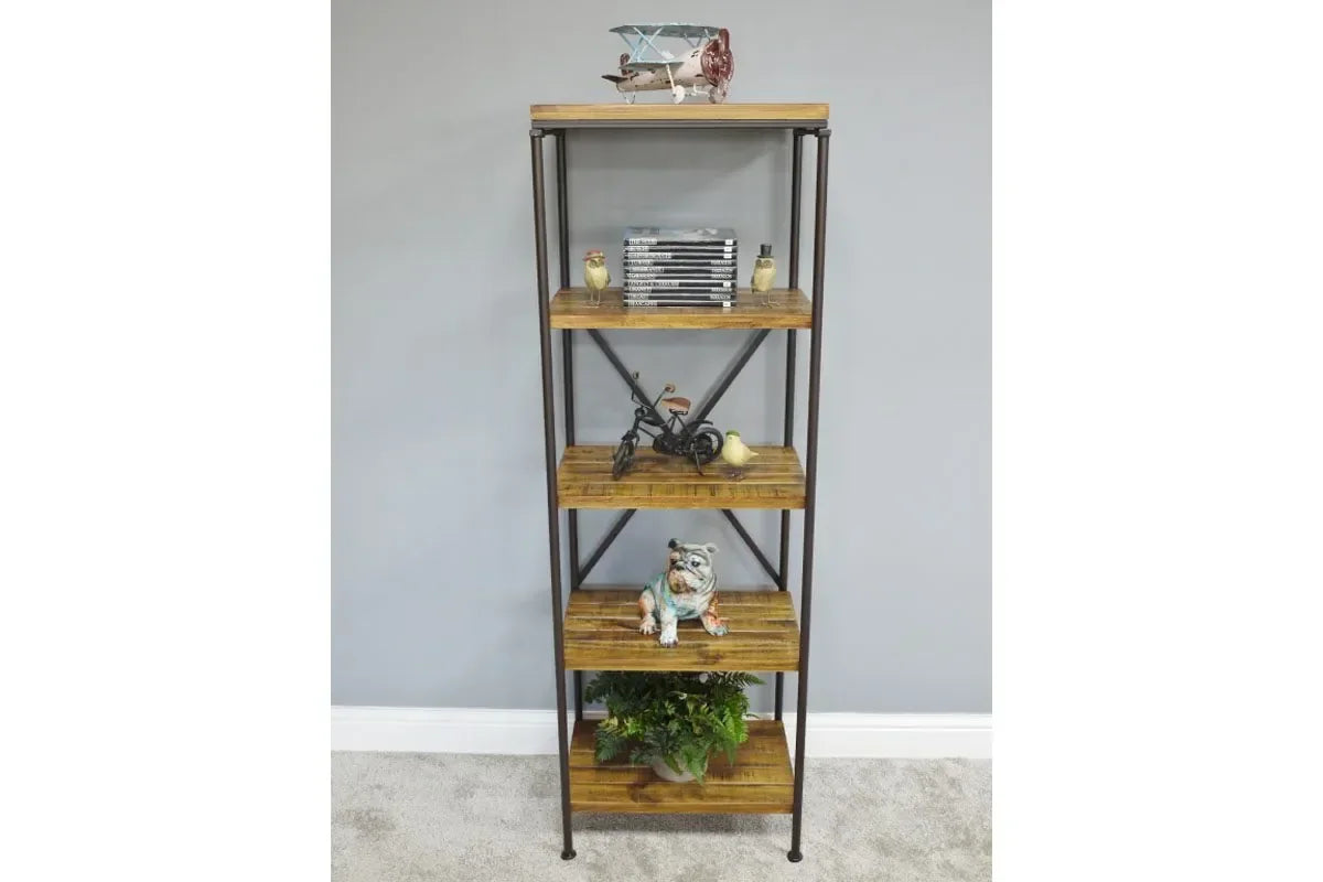 Tall industrial bookcase with black metal frame and wooden shelves, styled with decor items