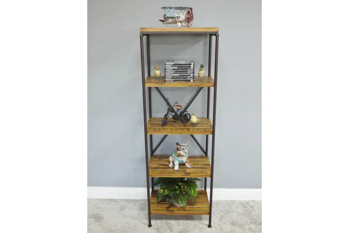 Industrial wood and metal shelving unit with five shelves, decorative accents and plants