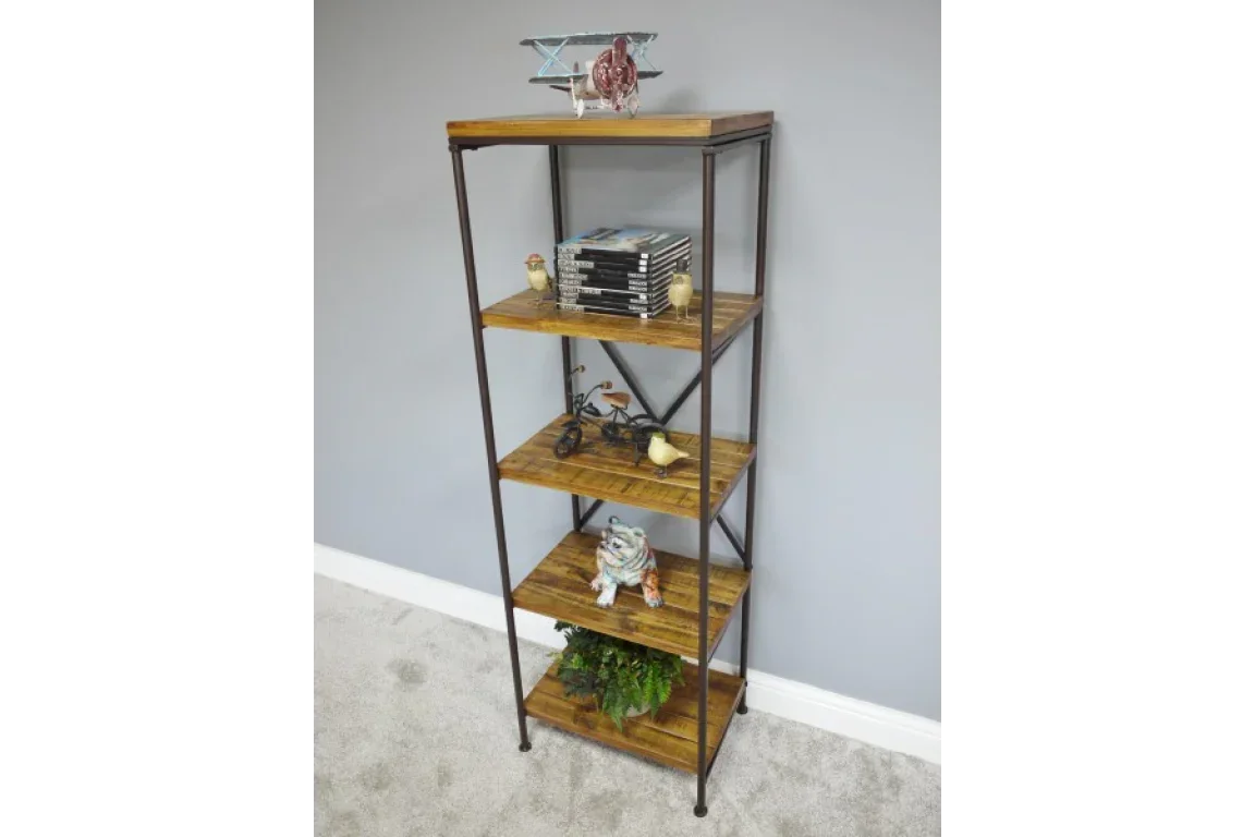 Industrial wood and metal shelving unit with five open shelves and decorative items