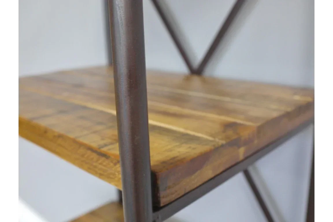 Close view of wooden shelving unit with metal frame and cross support detail
