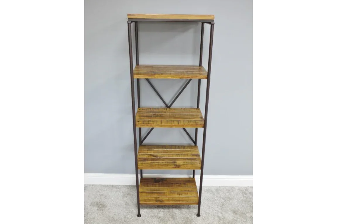 Industrial style shelving unit with wooden shelves and metal frame against grey wall