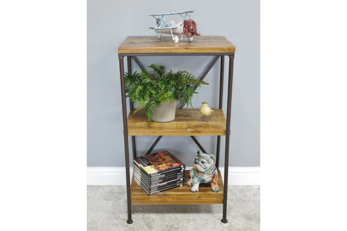 Industrial style three tier wooden shelving unit with metal frame and decorative items