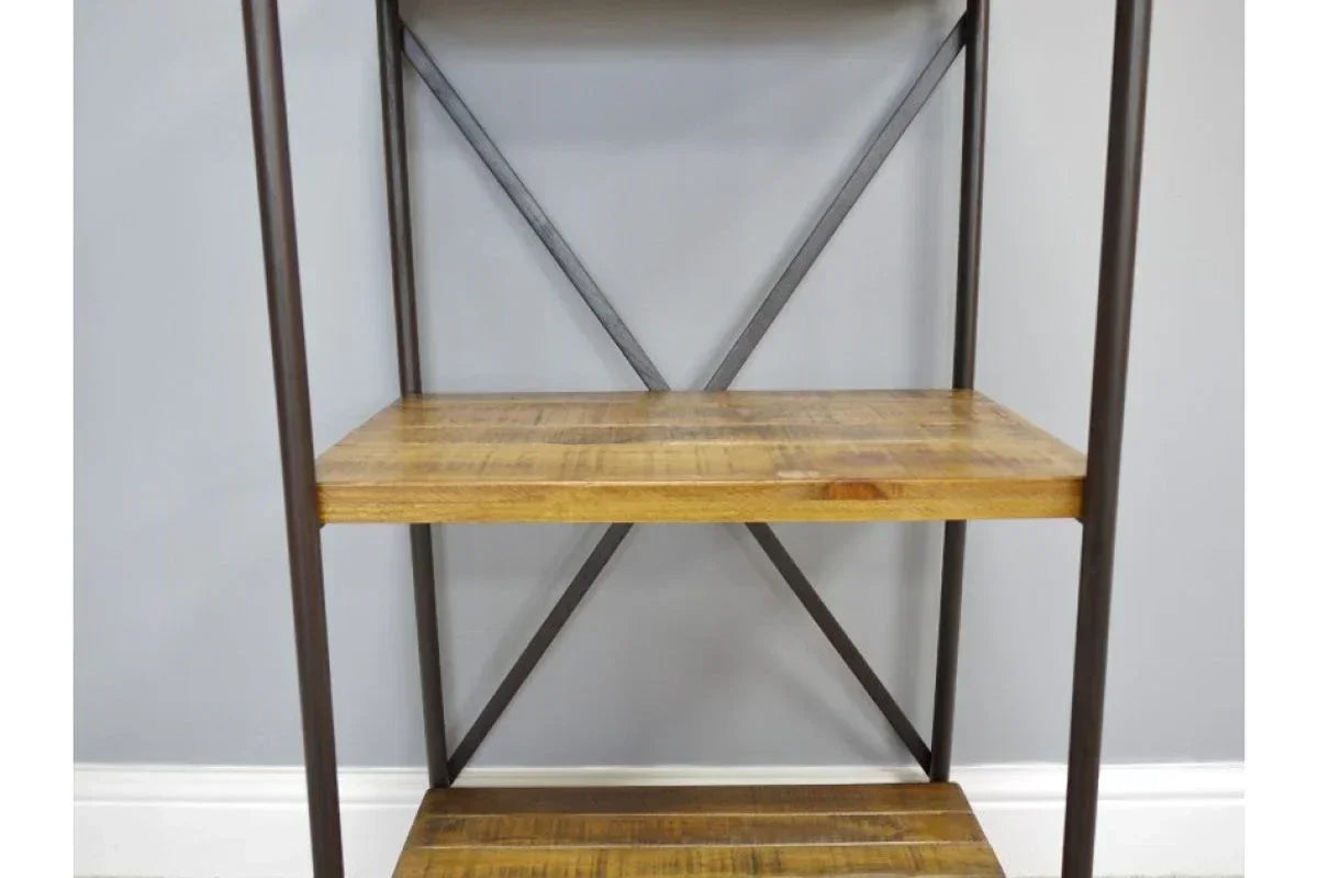 Industrial shelving unit with dark metal frame and wooden shelves against grey wall