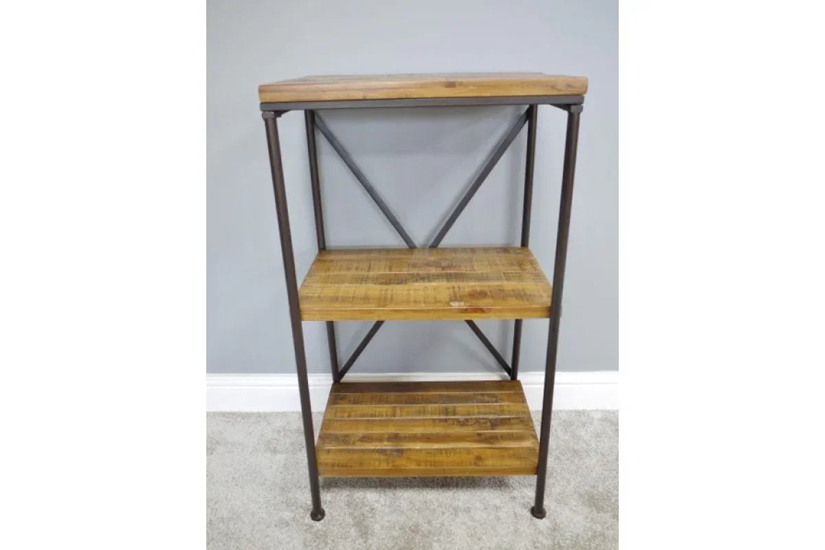 Industrial style shelving unit with three wooden shelves and black metal frame