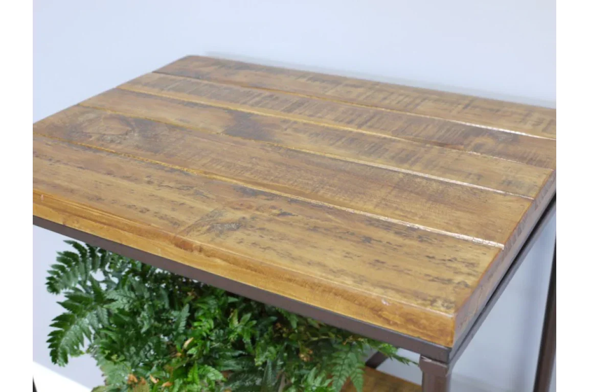 Rustic wooden table top with visible grain and metal frame, plant underneath