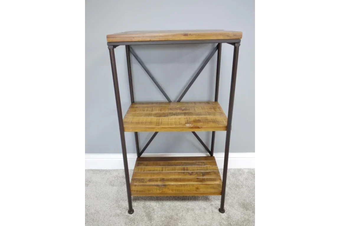 Industrial three tier wooden shelf unit with metal frame against grey wall