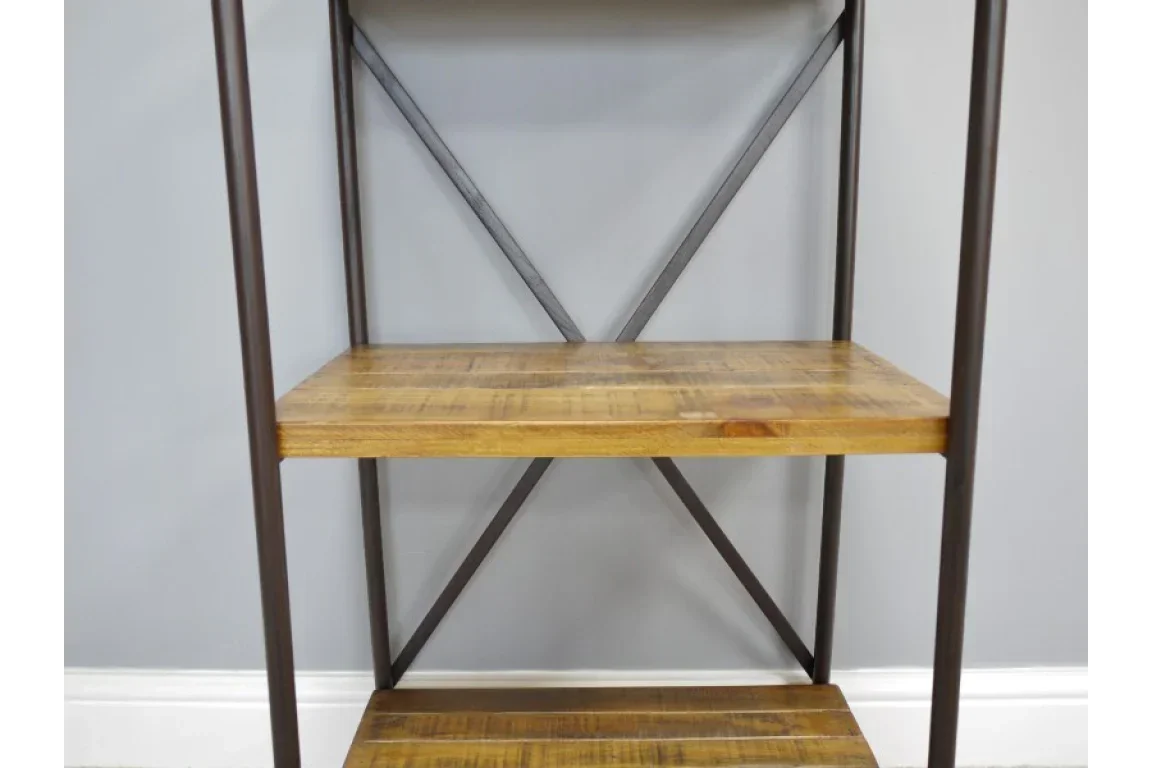 Industrial shelving unit with wooden shelves and black metal frame against grey wall