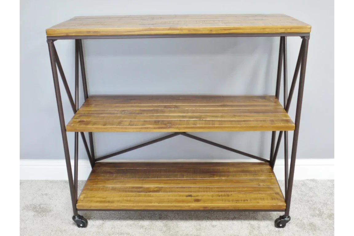 Industrial wooden console table with metal frame and three shelves on caster wheels