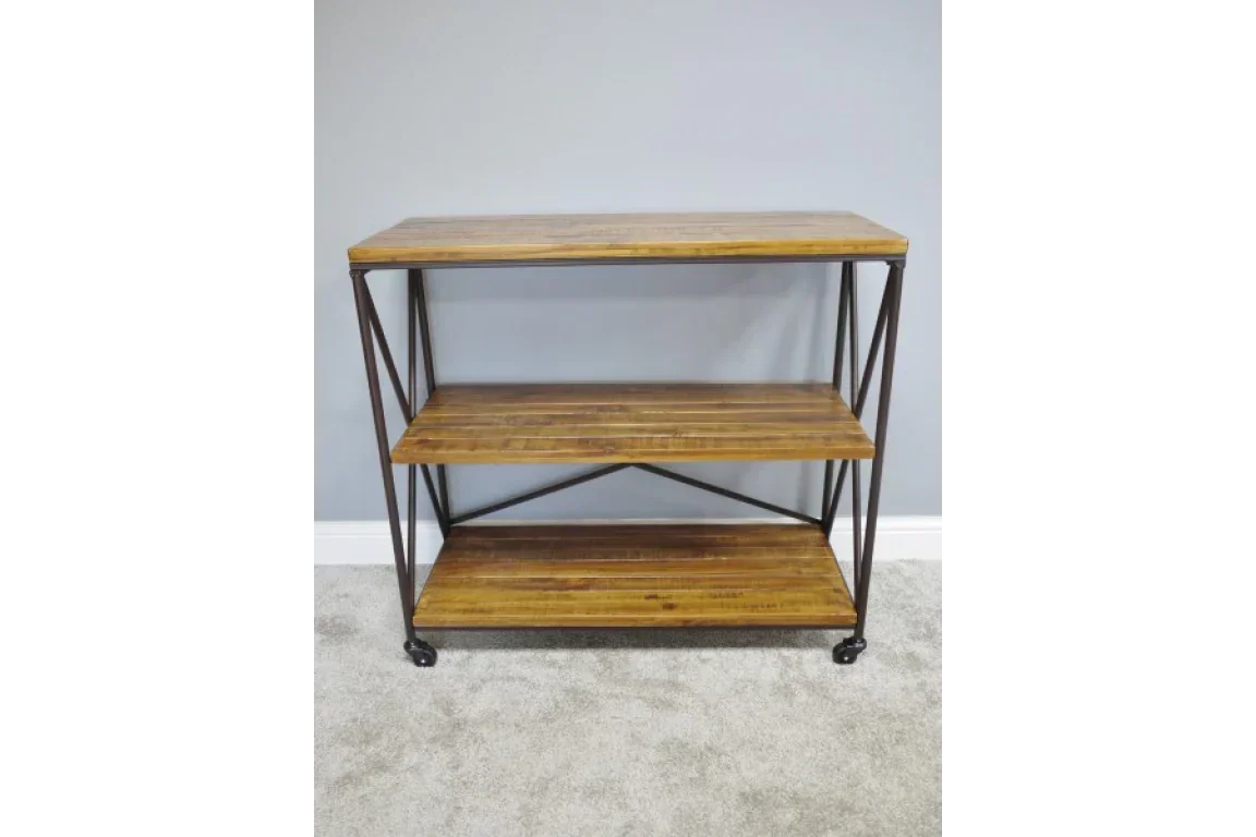 Industrial wooden shelving unit with metal frame and three tiers on castor wheels