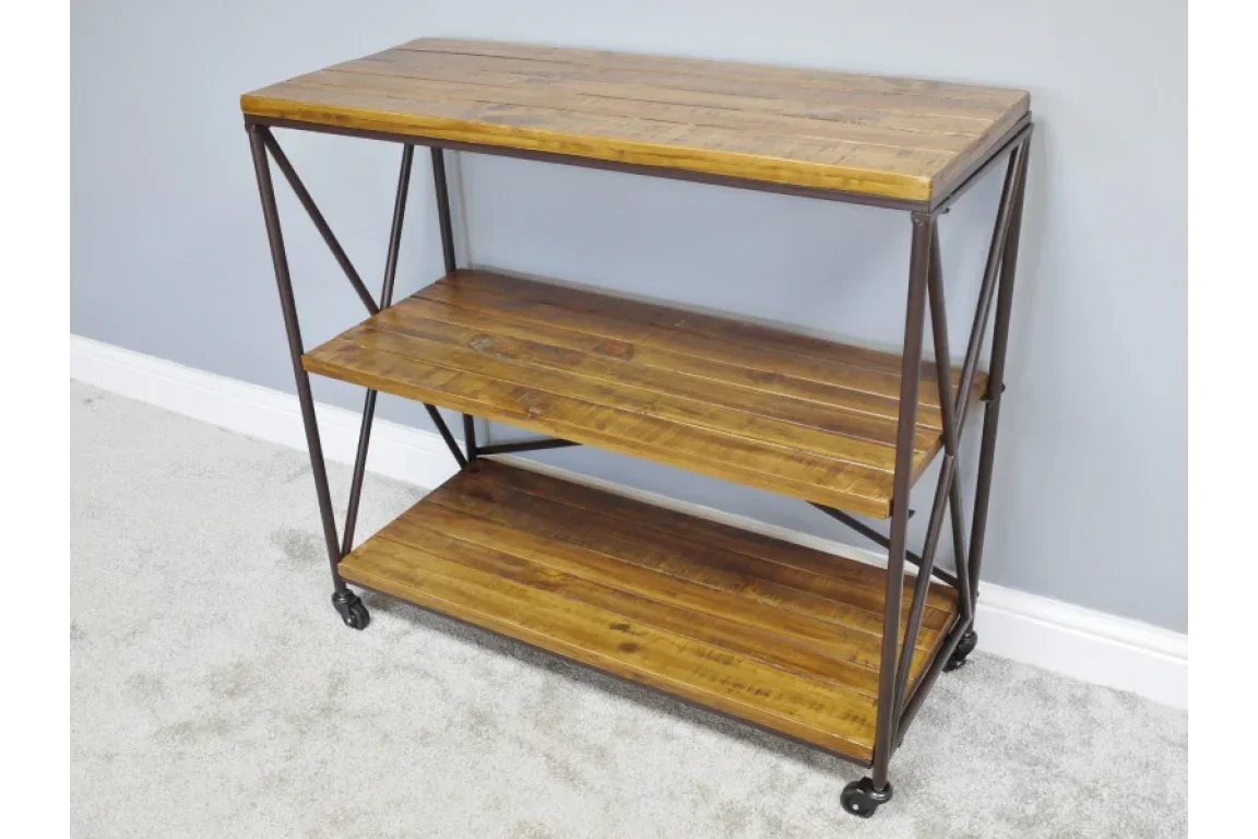 Industrial wood and metal shelving unit with three tiers and caster wheels