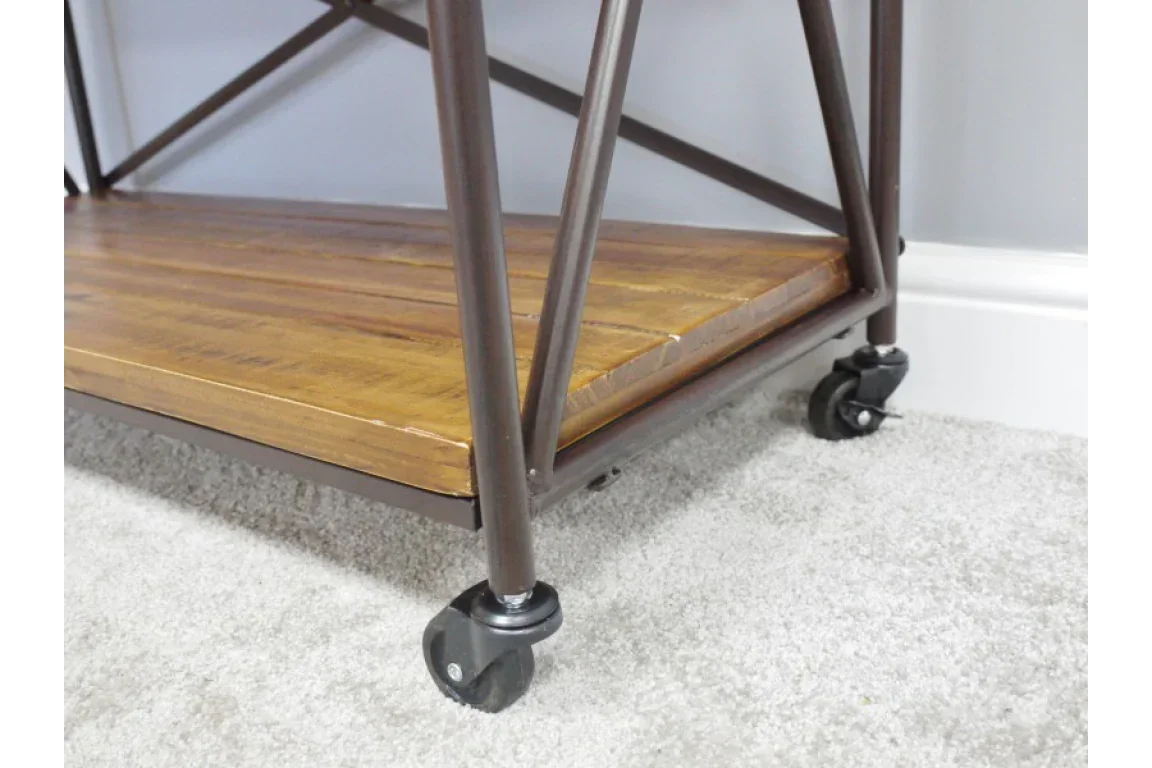 Industrial furniture shelf with wood panel and metal frame on locking caster wheels