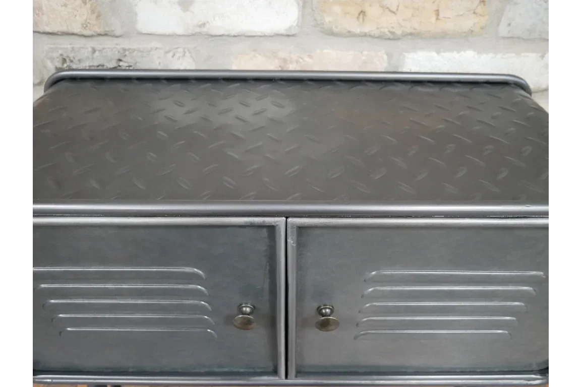 Industrial metal storage cabinet with diamond plate top and two vented doors