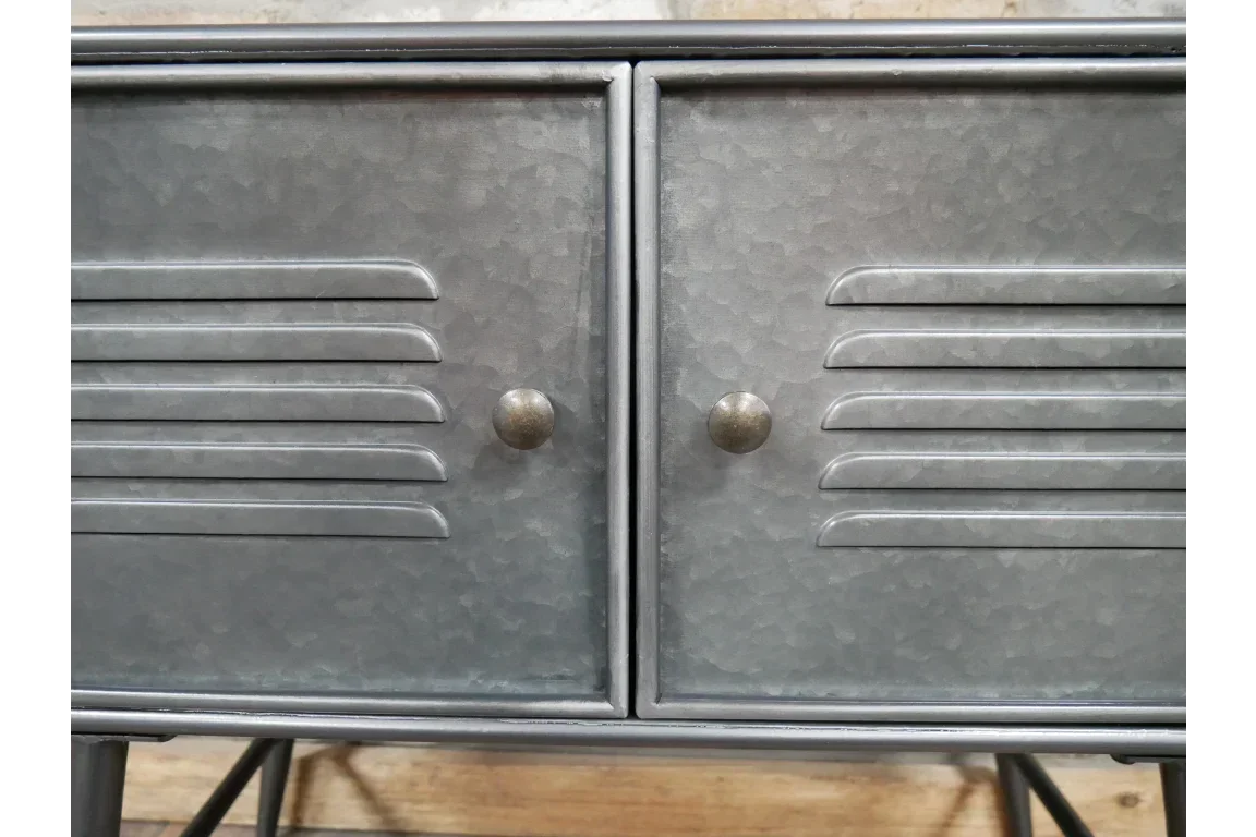 Industrial metal cabinet with twin vented doors and round handles, close front view