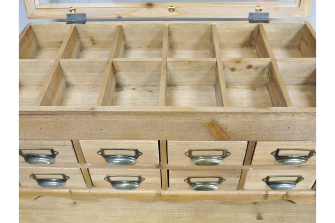 Wooden storage box with multiple compartments and metal label handles, lid open