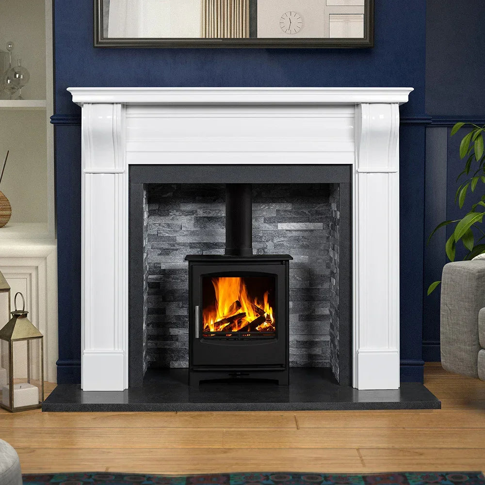 Dublin corbel honed polar white fireplace surround with wood burning stove and stone back panel