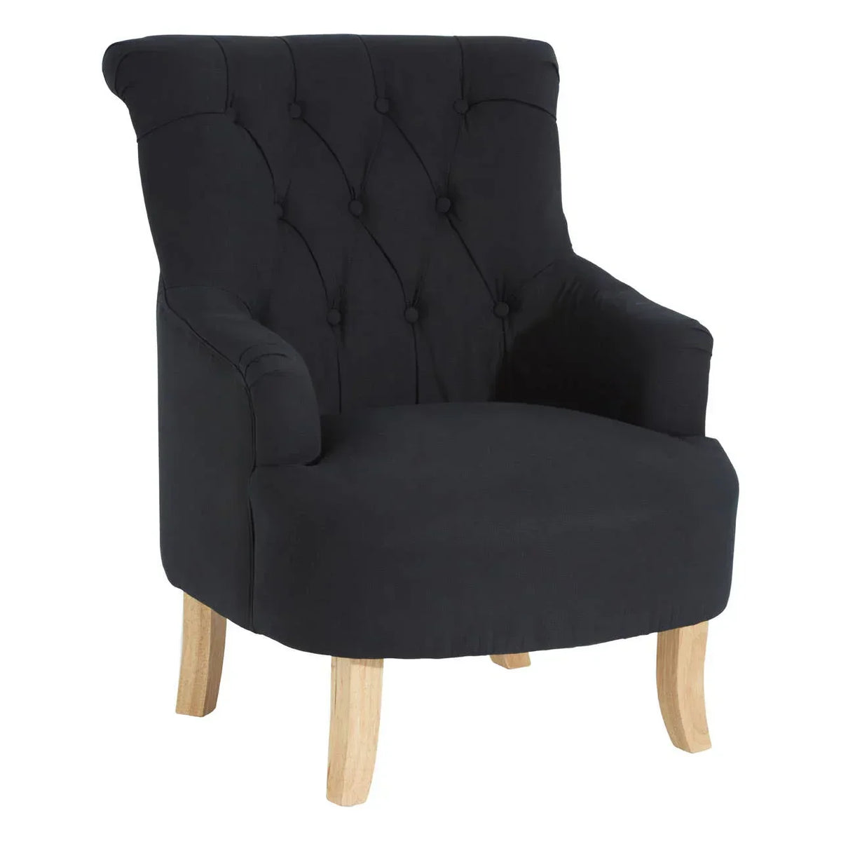 Black fabric accent chair with button-tufted back and light wood legs
