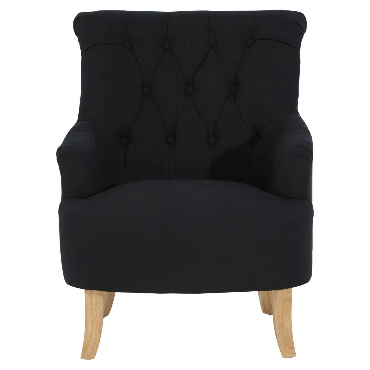 Black fabric armchair with button-tufted backrest and light wood legs, front view