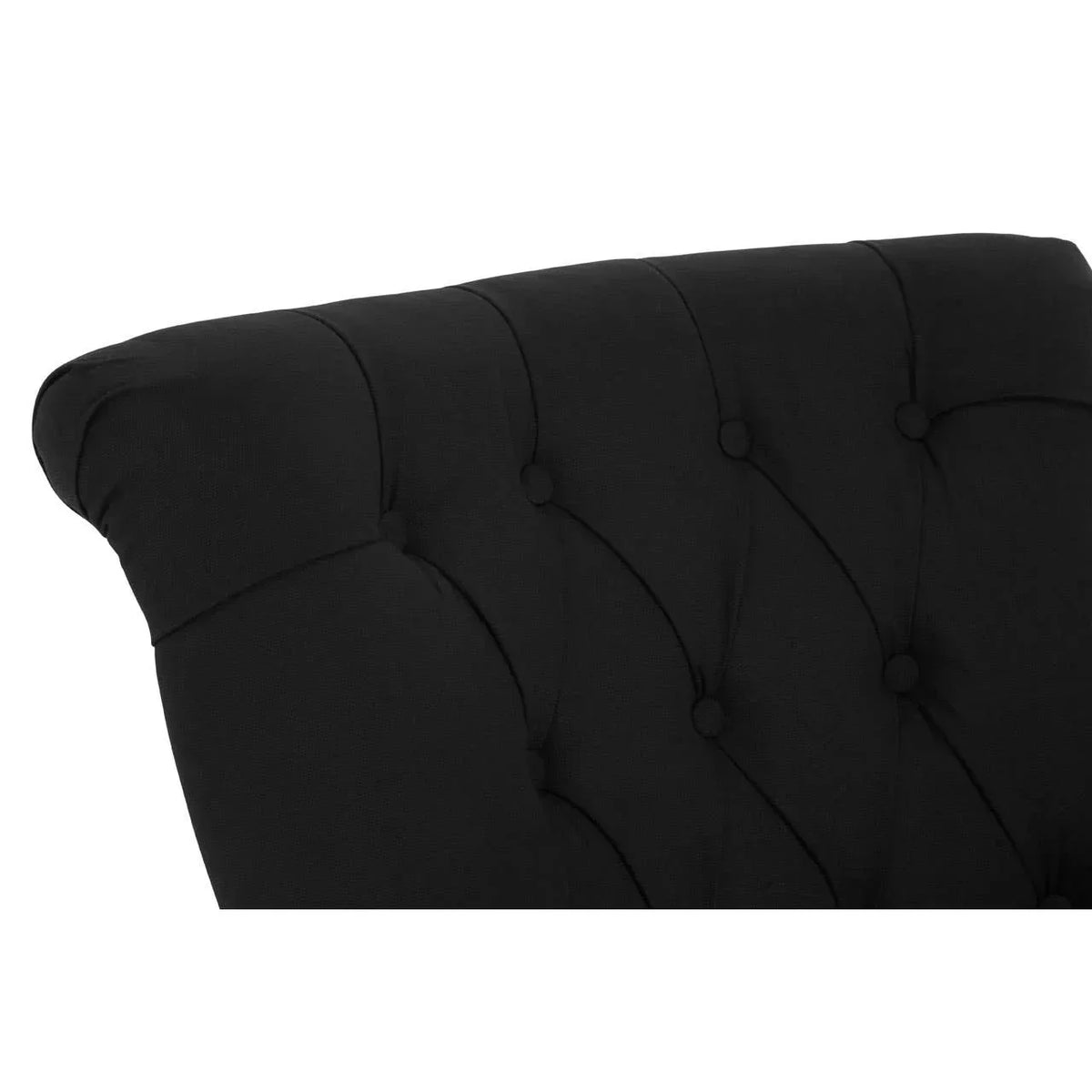 Black upholstered chair backrest with deep button tufting detail