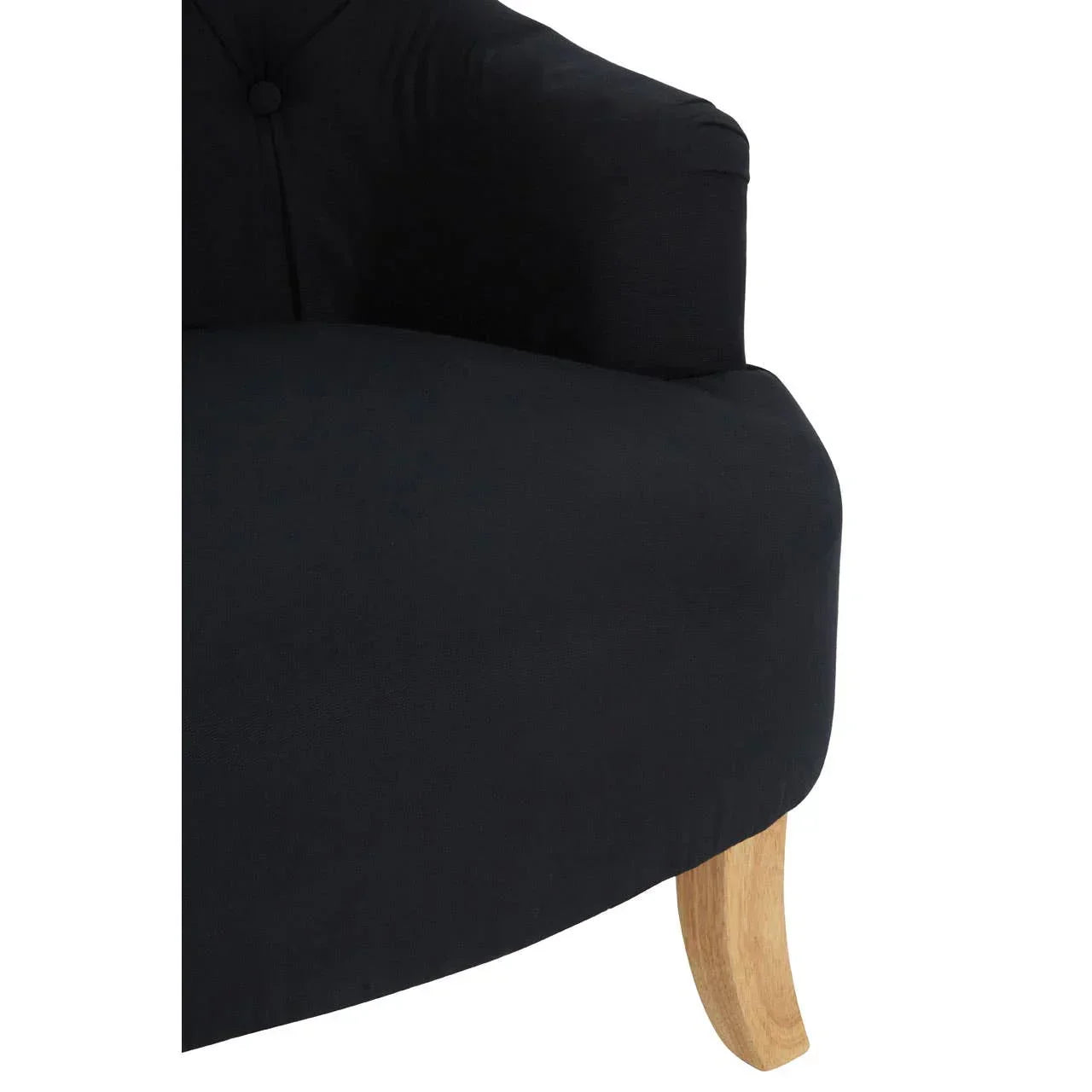 Black fabric armchair with curved wooden leg and button tuft detail