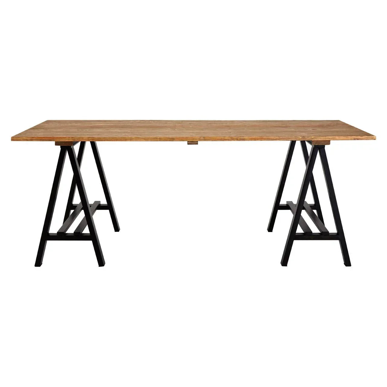 Industrial dining table with wooden top and black metal trestle legs, side view