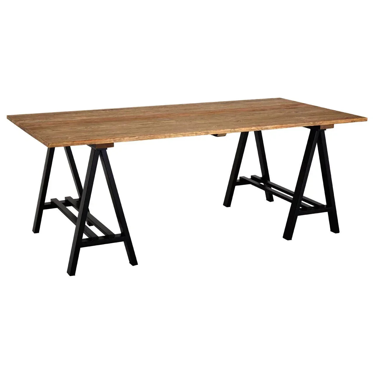 Rectangular wooden dining table with black metal trestle legs on white background