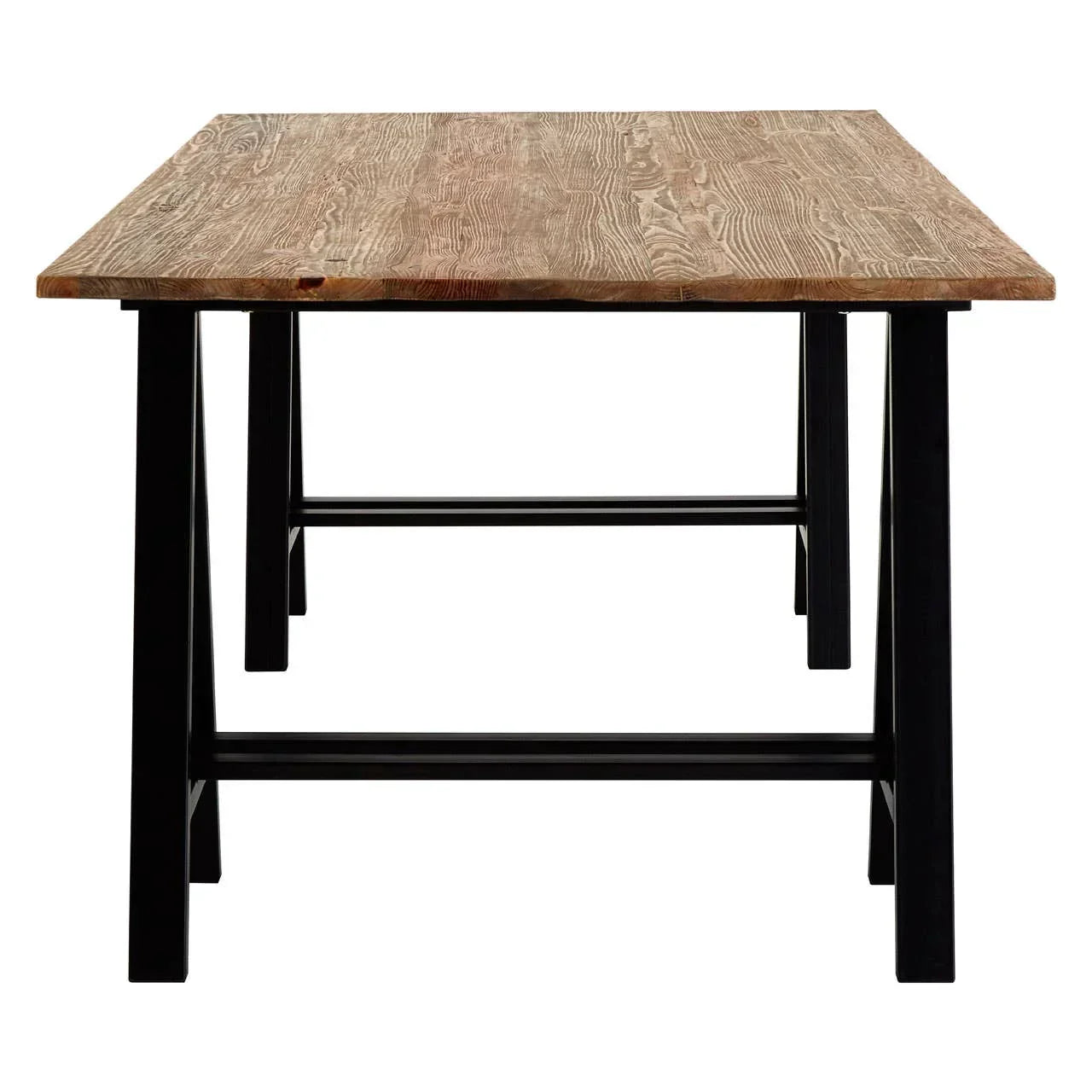 Rectangular wooden dining table with black metal legs, straight front view