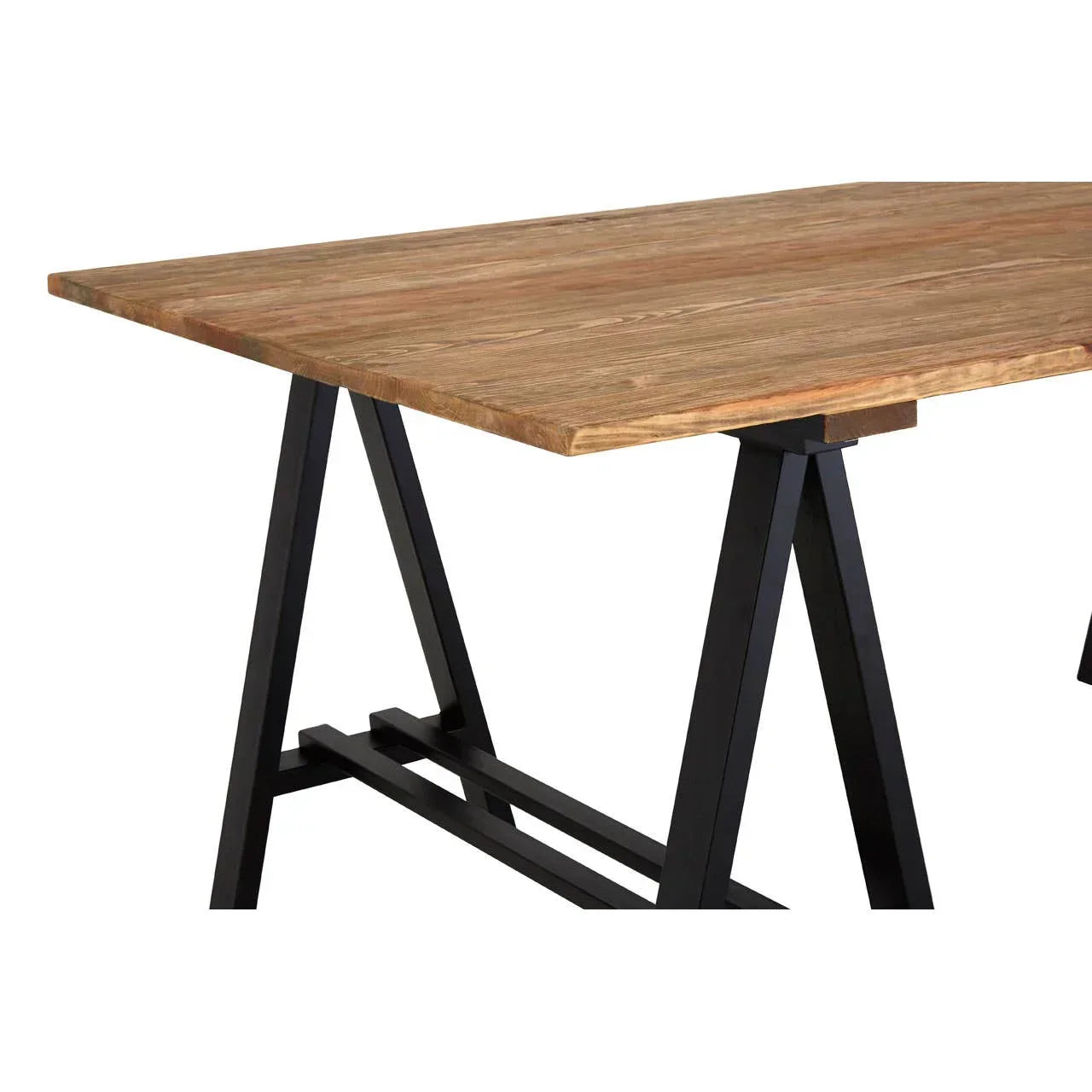 Rectangular wooden dining table with black metal legs, close up of corner and frame