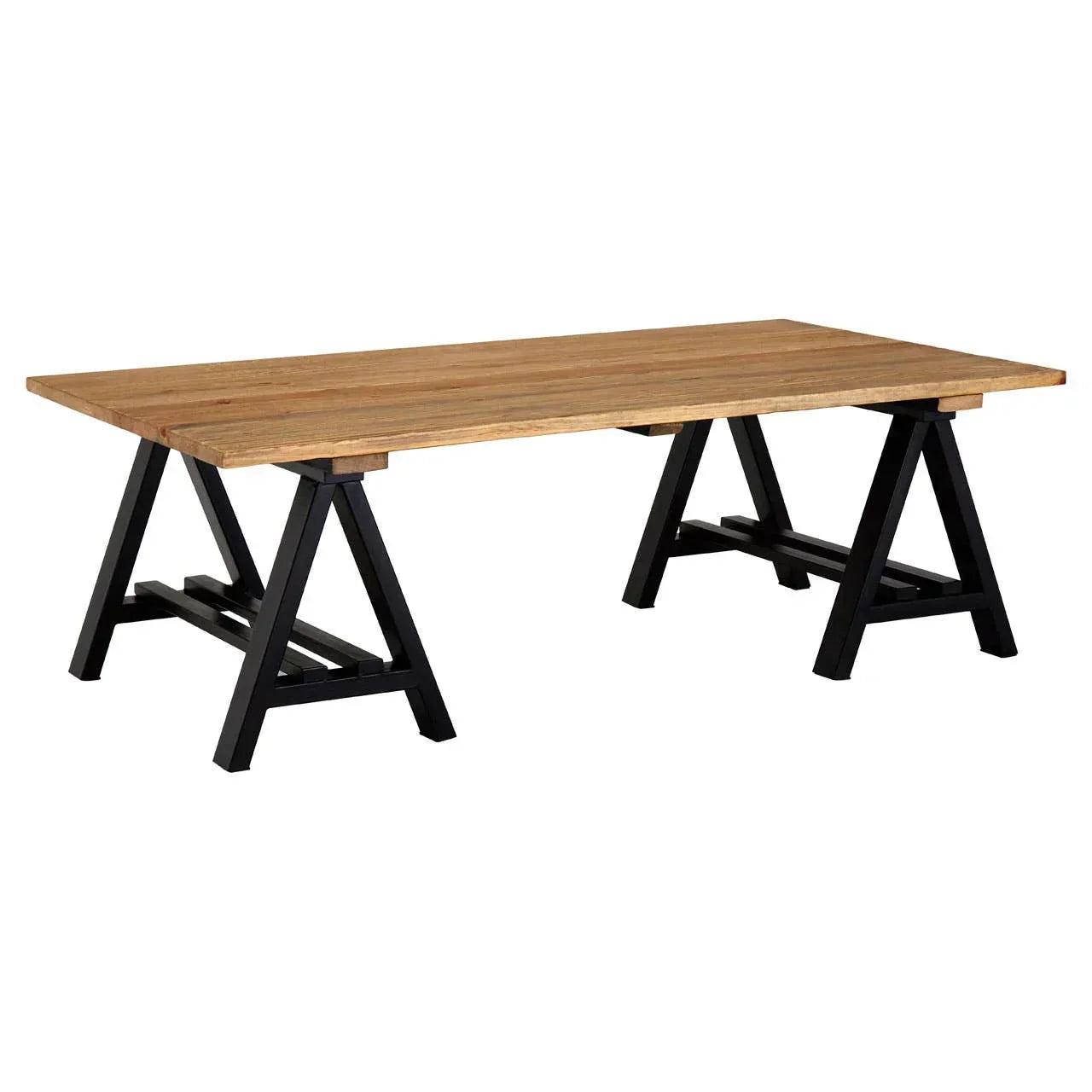 Rectangular wooden dining table with black metal trestle legs, modern industrial style