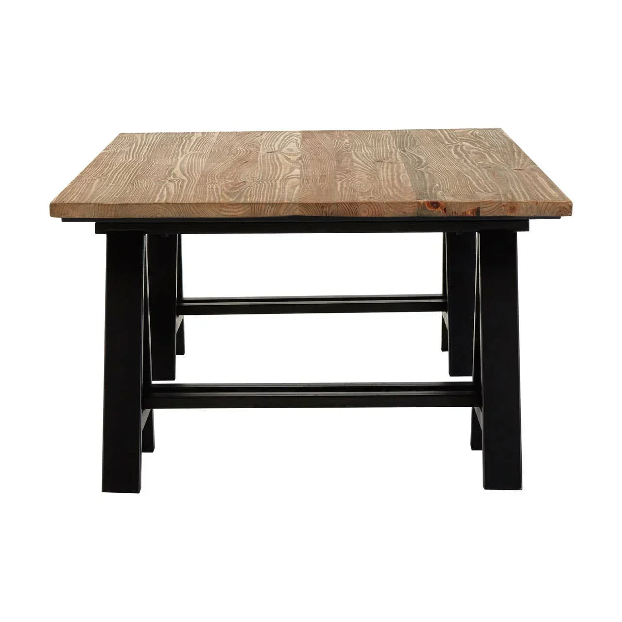 Rectangular wooden dining table with black metal legs, front view