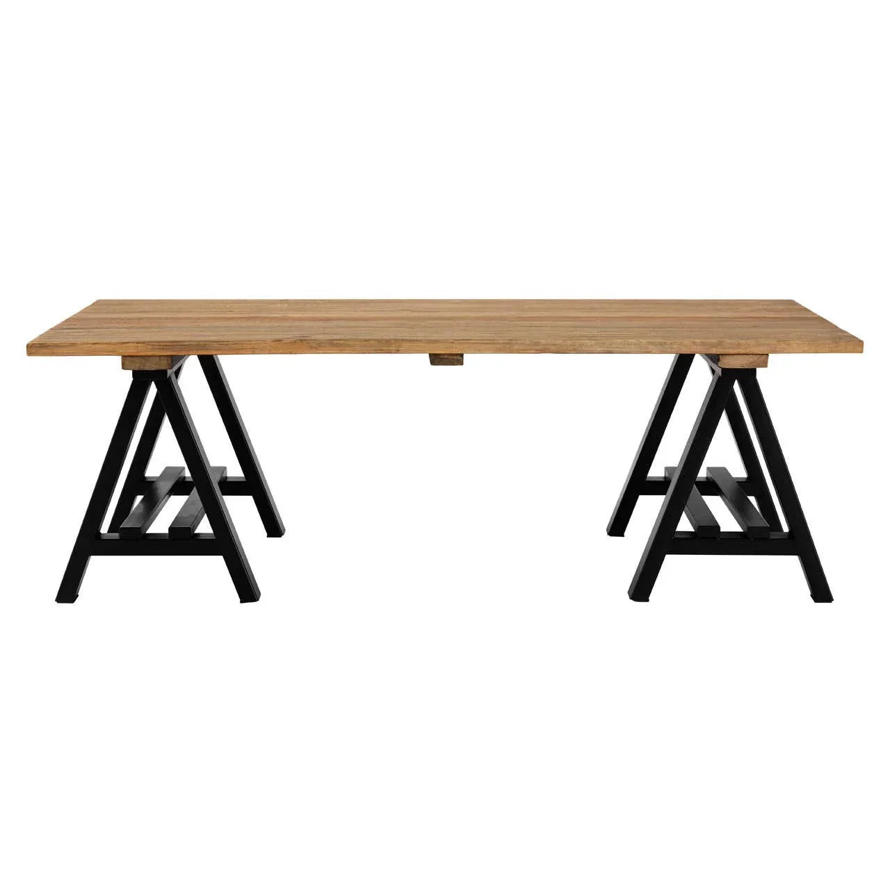 Rectangular dining table with natural wood top and black metal trestle legs