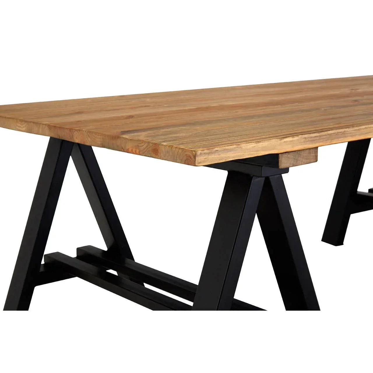 wood dining table with black industrial metal legs, angled side view