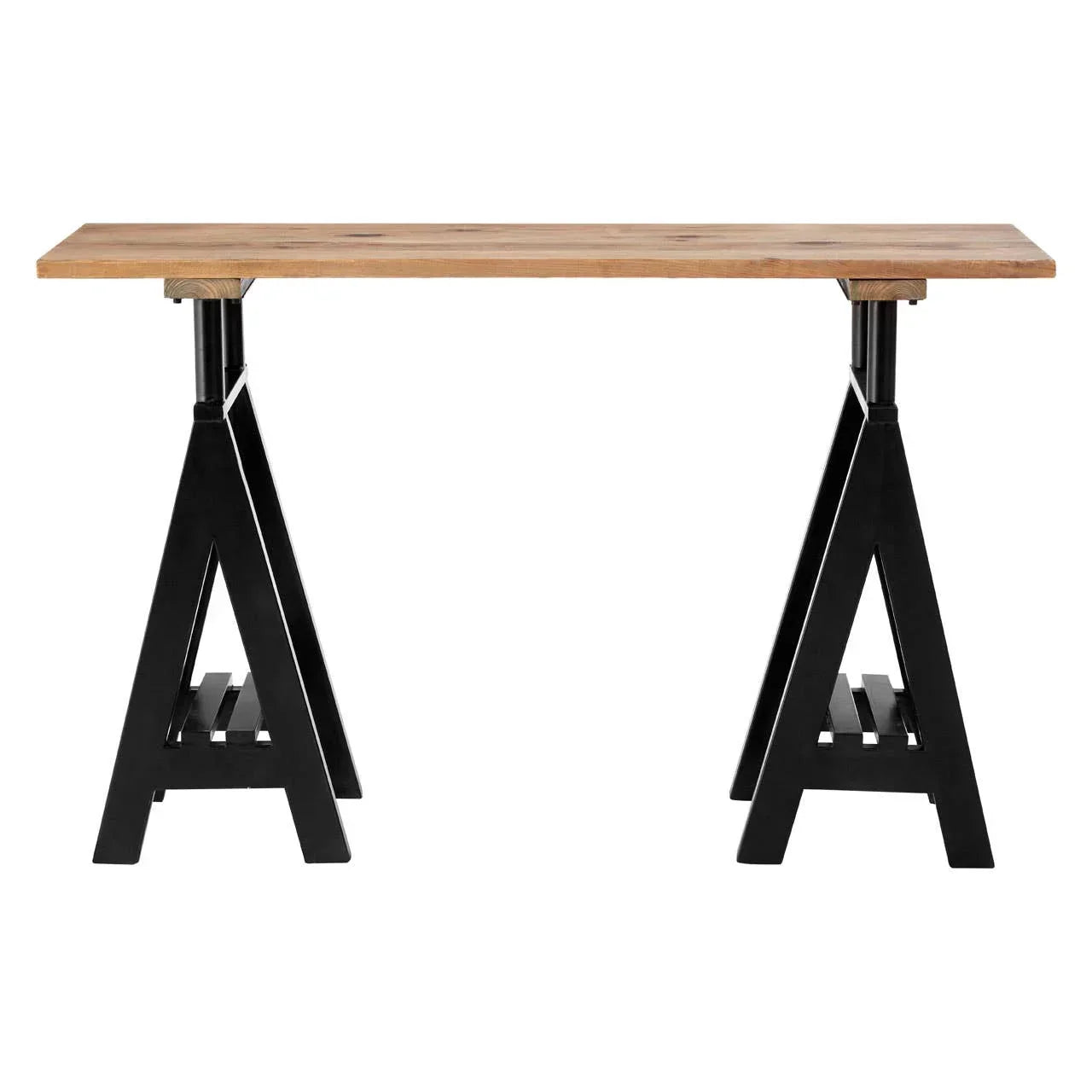 Industrial style desk with wooden top and black metal trestle legs, front view