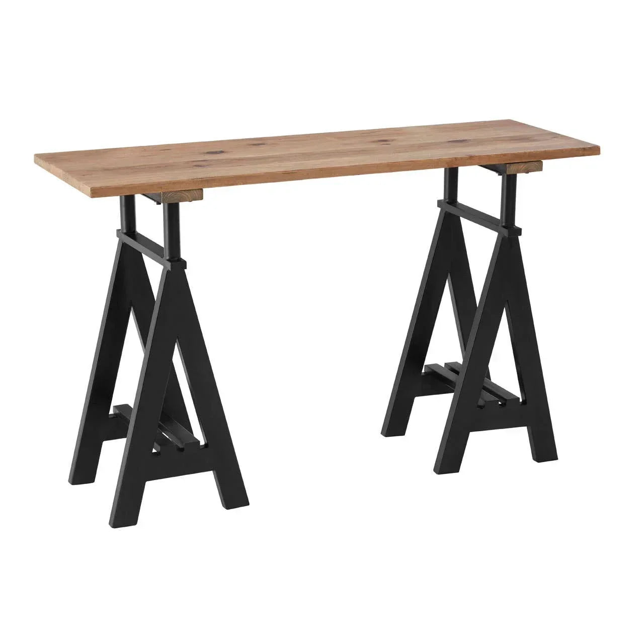 Industrial console table with light wood top and black trestle legs on white background