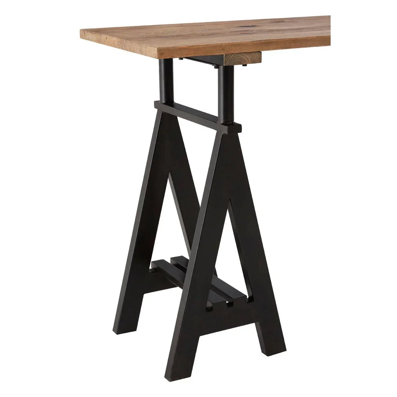 Industrial dining table with black metal trestle legs and natural wood tabletop corner view