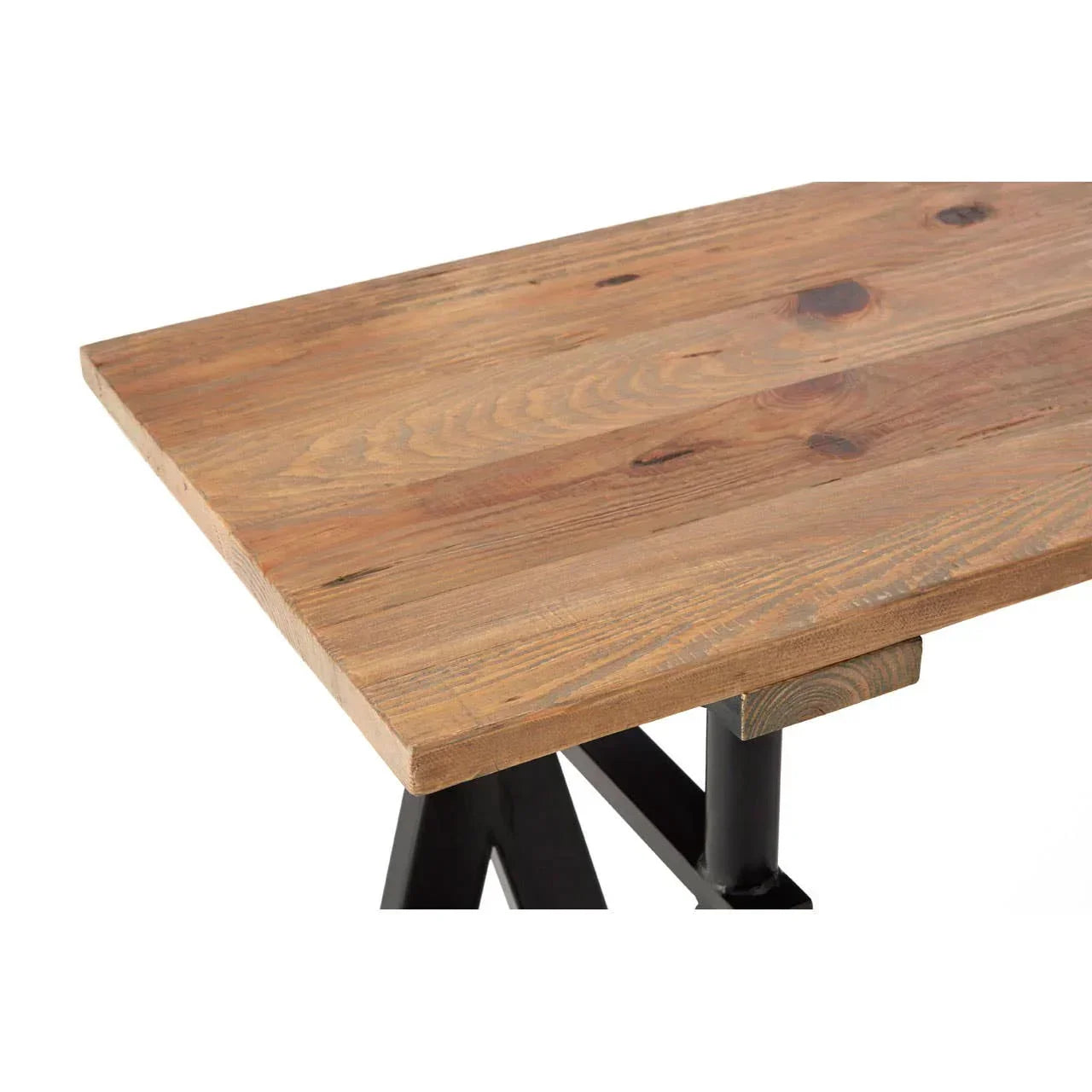 Solid wood dining table top with black metal legs, close-up of natural grain finish