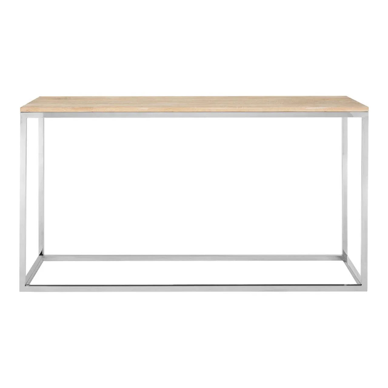 Rectangular console table with light wood top and chrome metal frame, front view