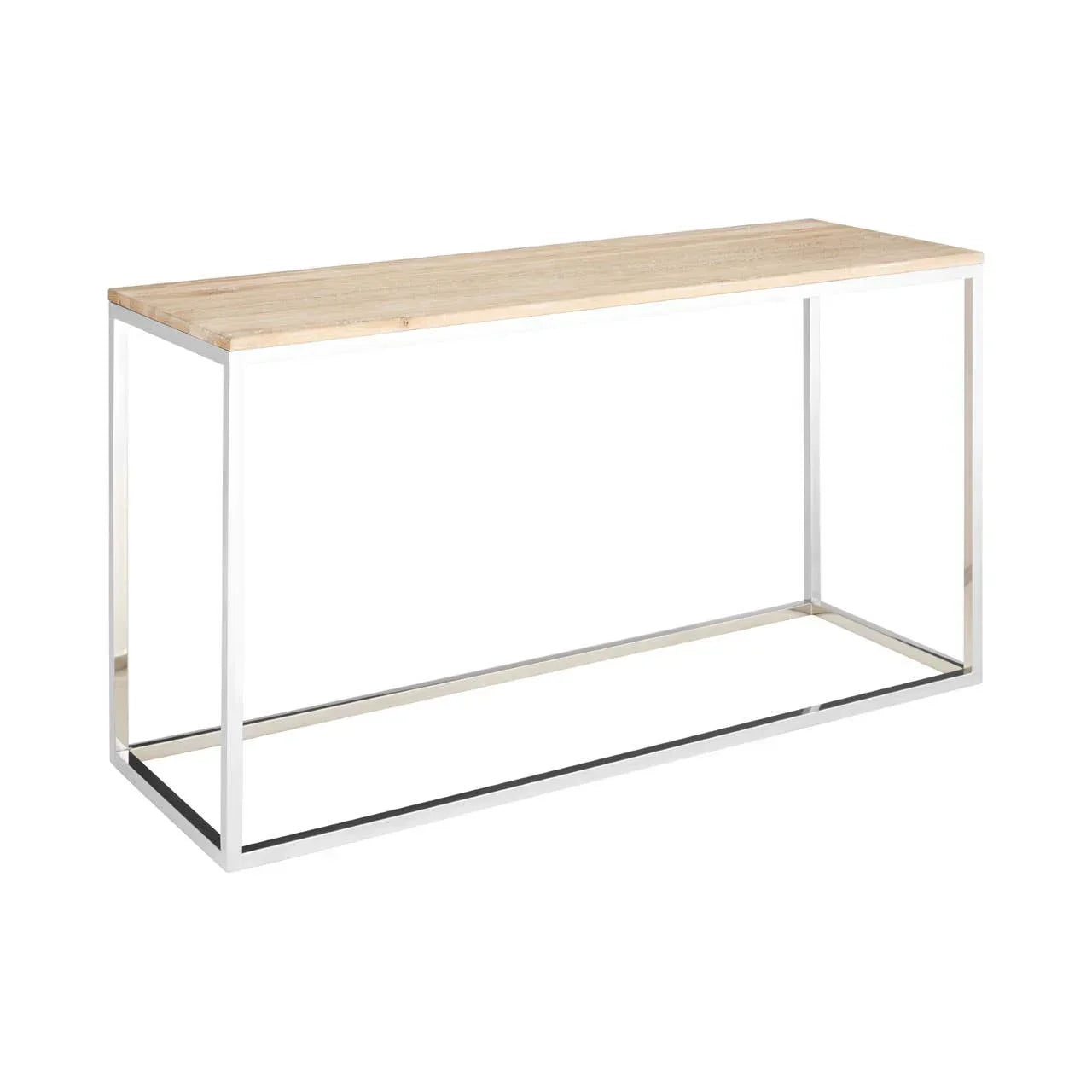 Rectangular console table with light wood top and chrome metal frame, angled side view