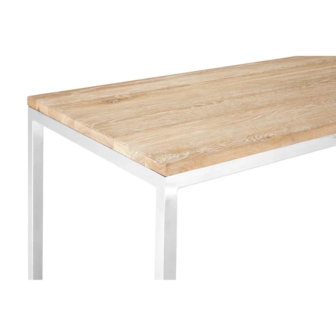 Light wood dining table with metal legs, close-up of tabletop and corner detail