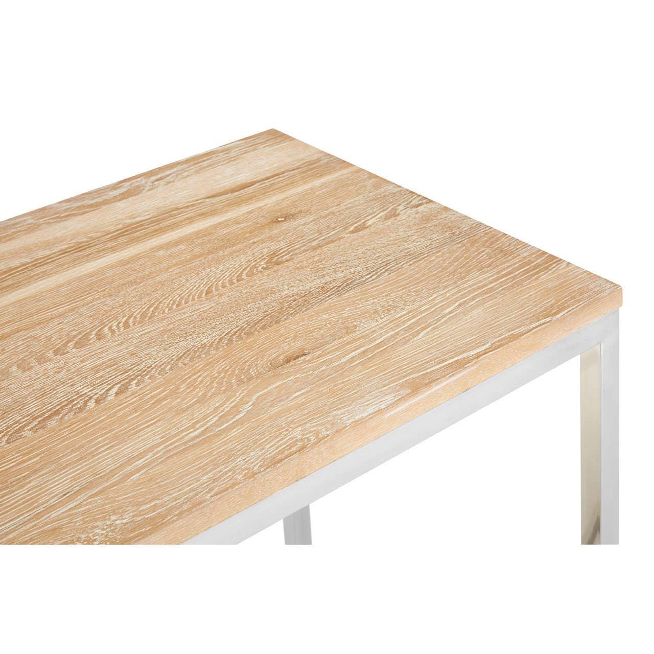 Light oak dining table with metal legs, close-up of wood grain and modern frame