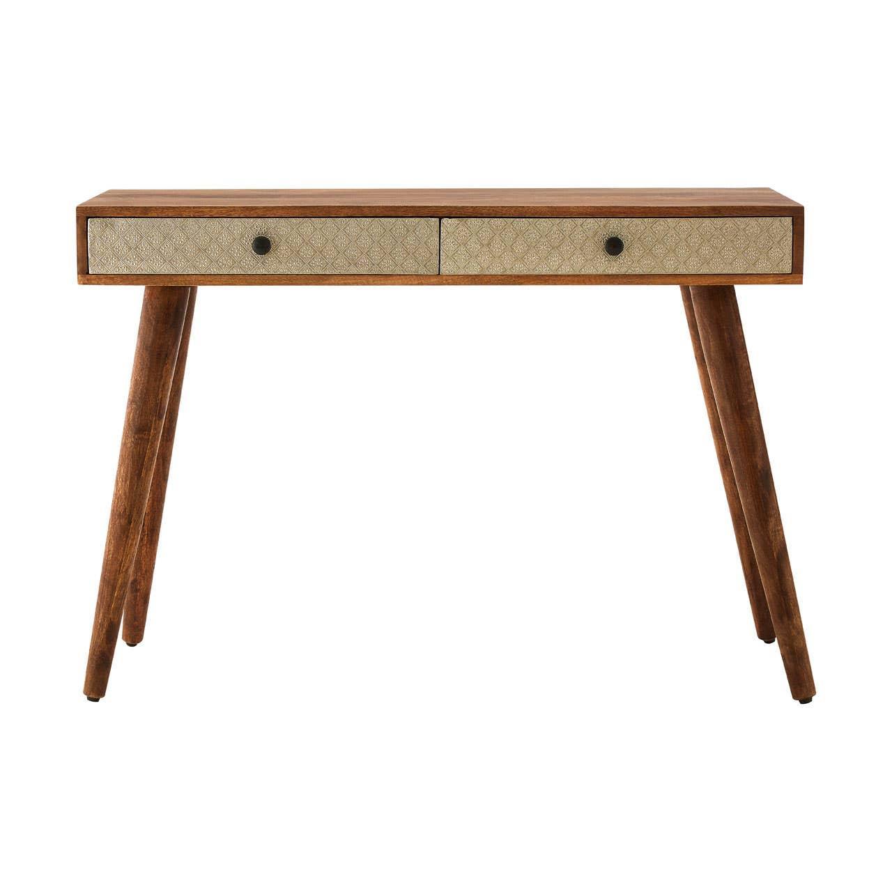 Wooden console table with two textured drawers and angled legs, front view