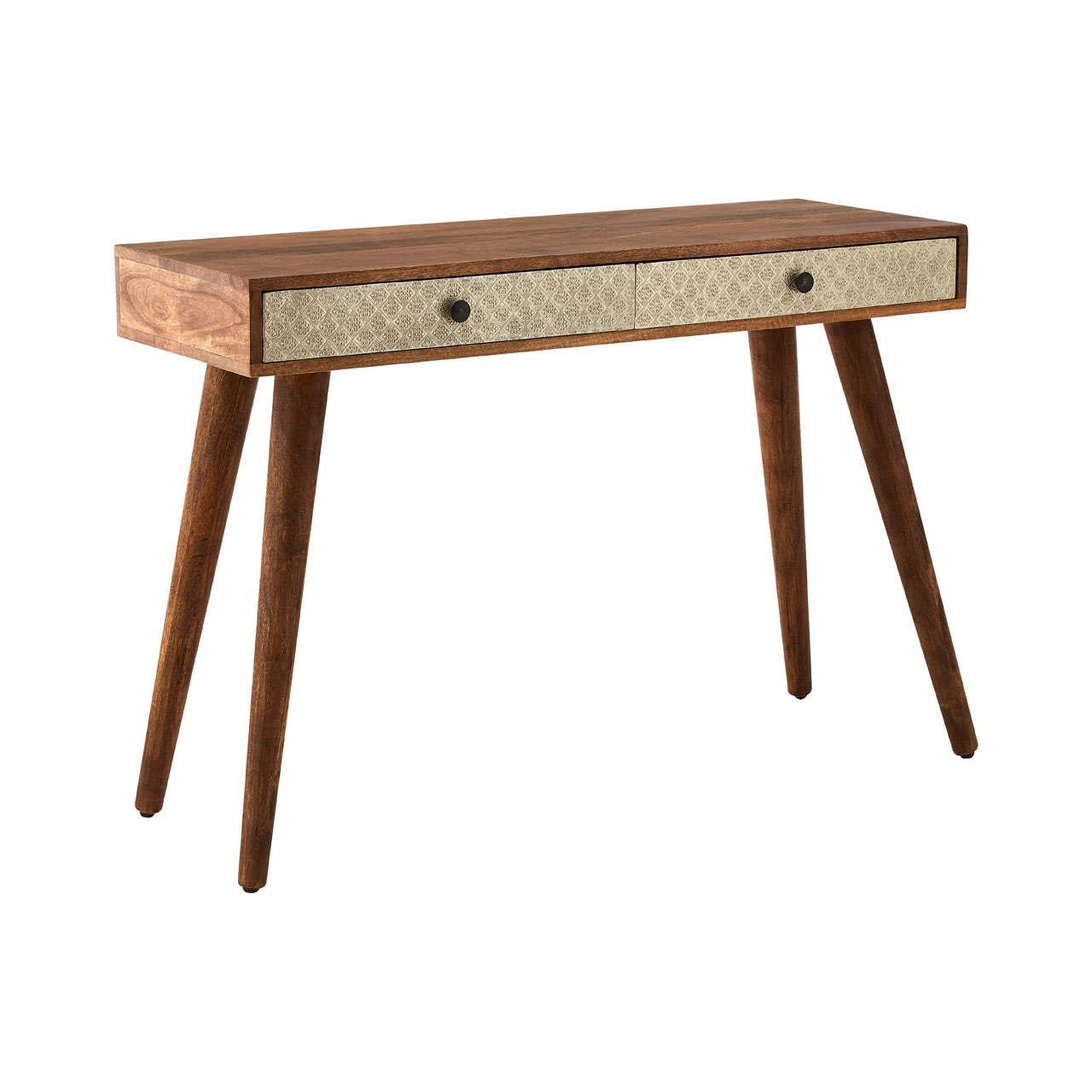 Wooden console table with slim angled legs and two patterned front drawers
