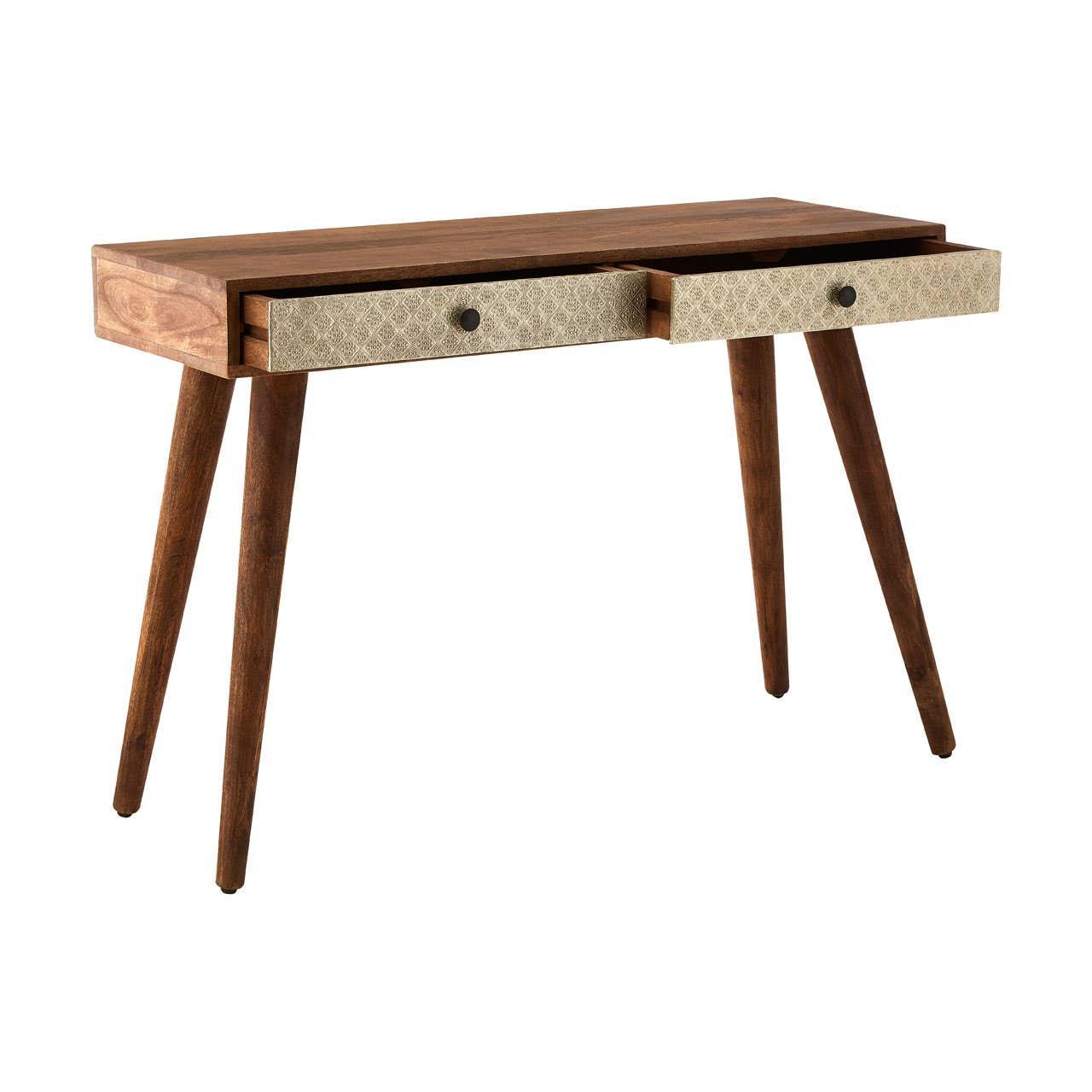 Mid-century wooden console table with two patterned drawers and angled legs