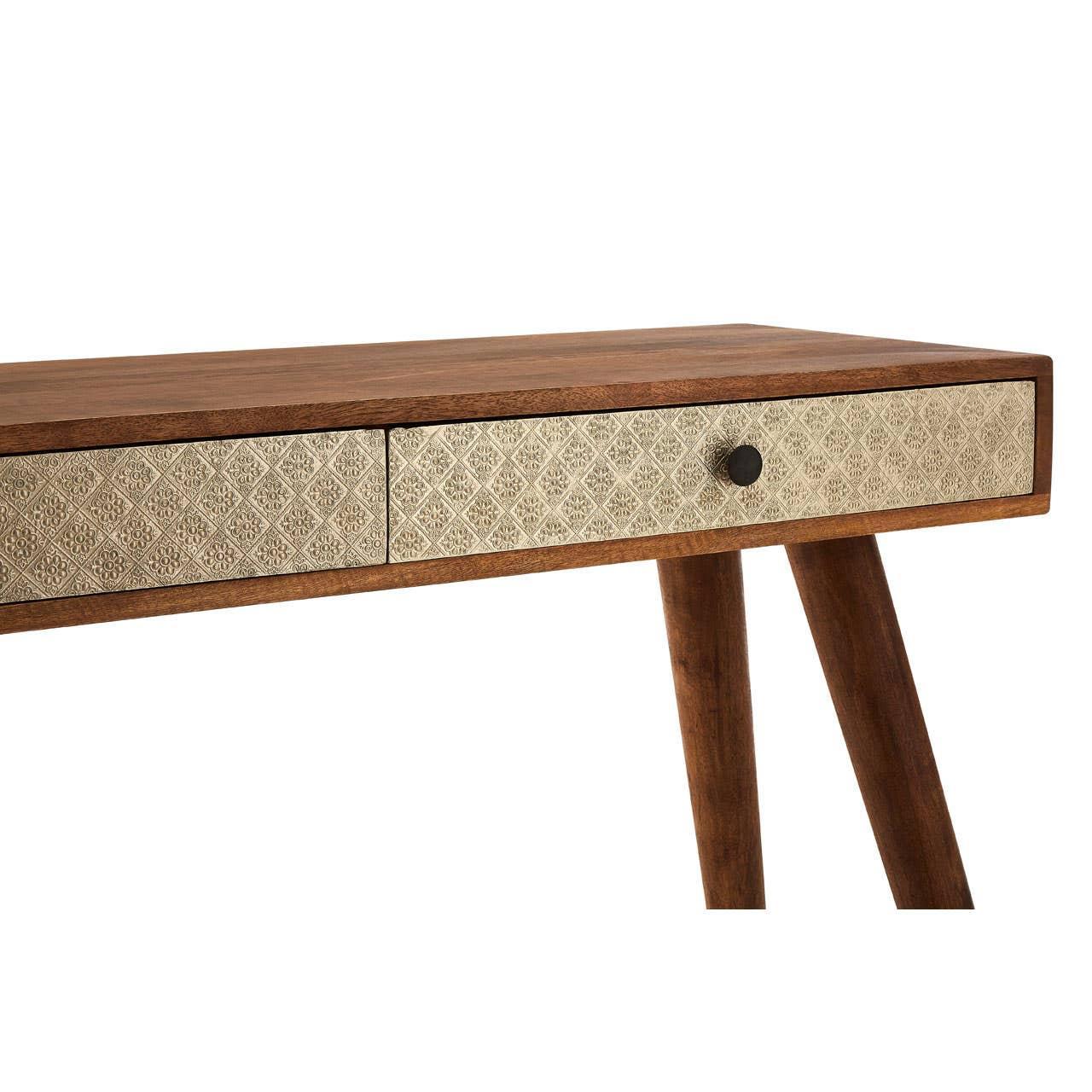 Wooden console table with patterned front drawers and angled legs